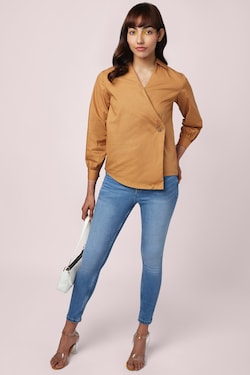 Tan Solid Casual Full Sleeves V Neck Women Regular Fit Shirt